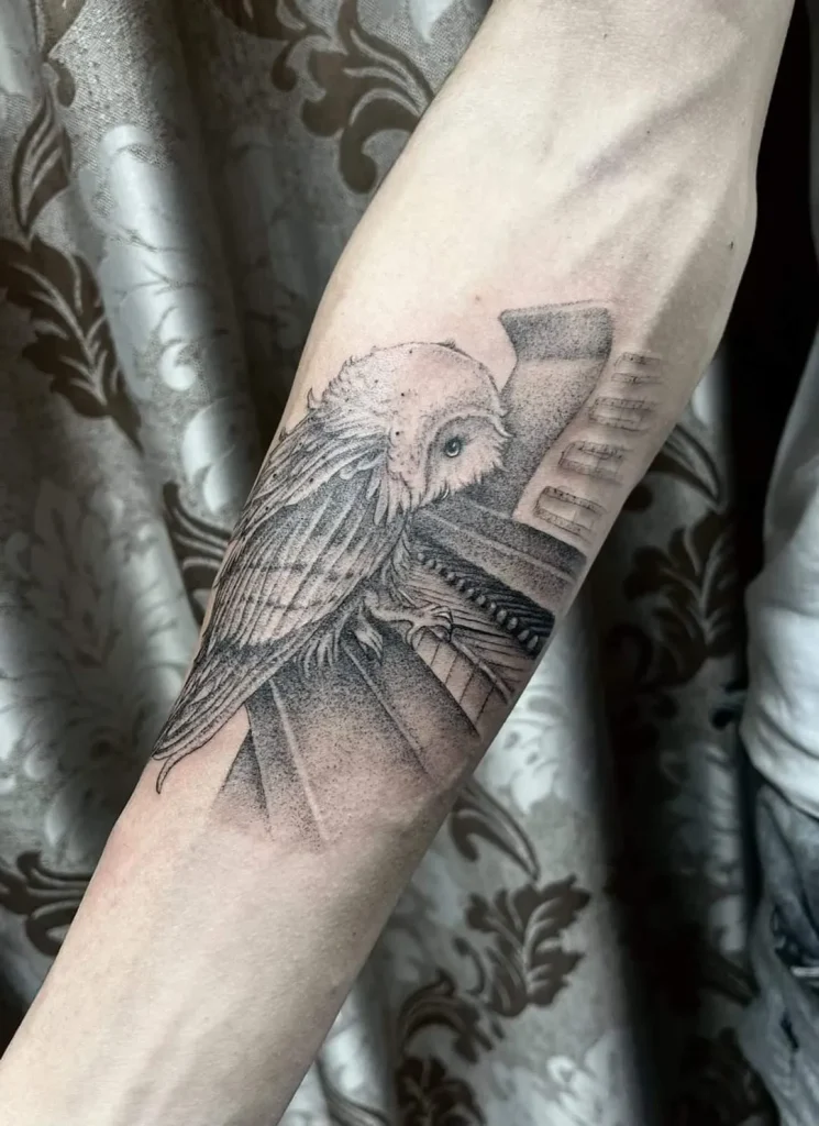 ### Owl on Piano Keys Tattoo