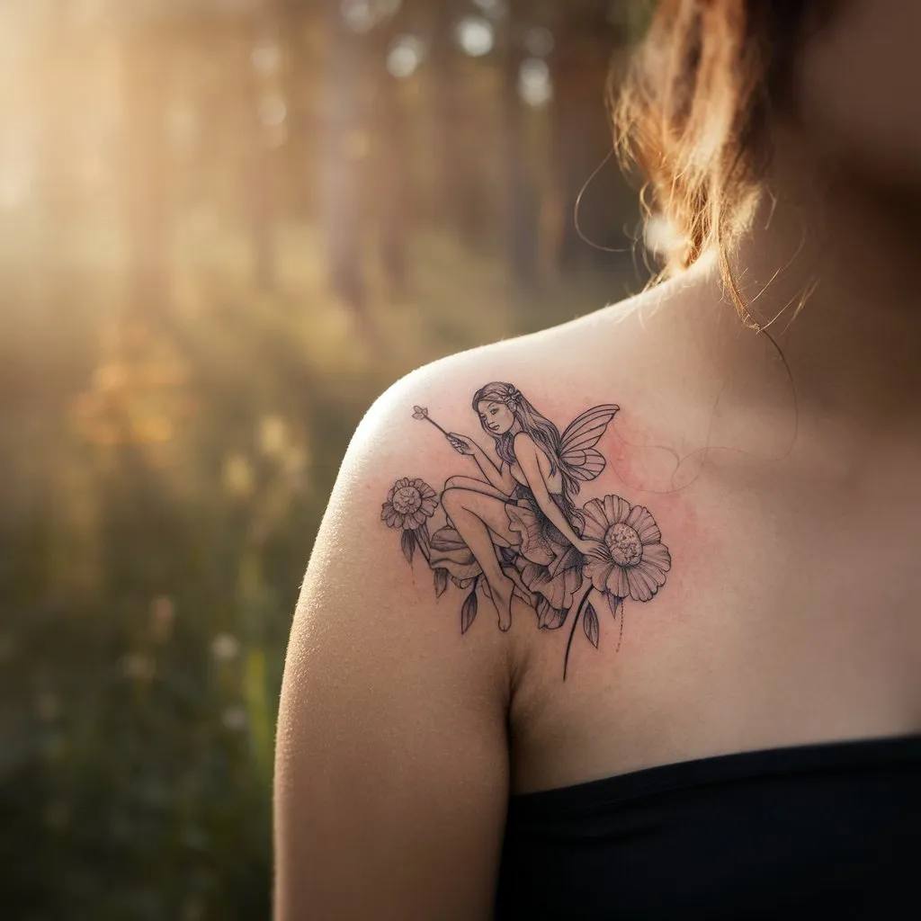 **Fairy on Flower Tattoo**